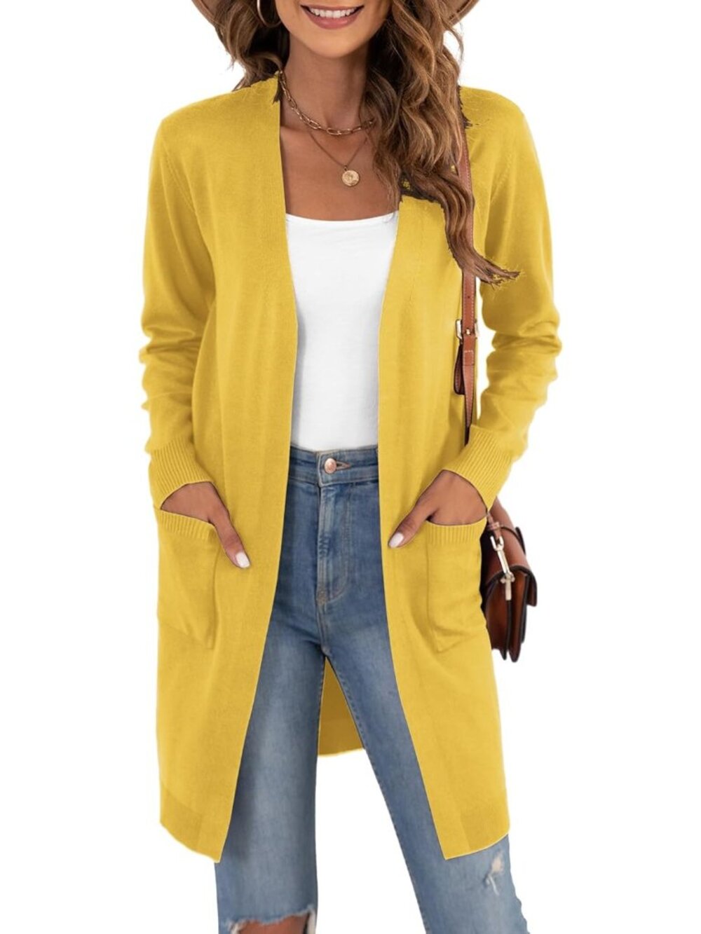 Women's Yellow Classic Outwear Long Sleeve Open Front Cardigan Sweaters Coat